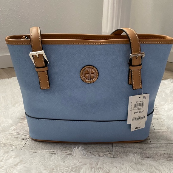 Giani Bernini Saffiano Leather Tote Handbag Blue Brown New - Picture 2 of 10